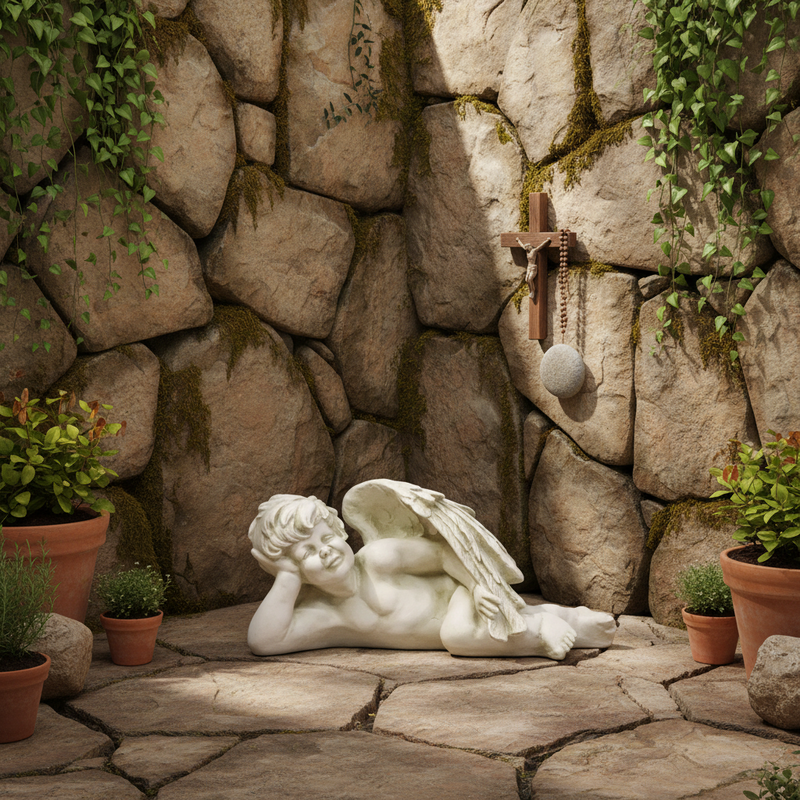 Cherub with Wings Outdoor Statue (8 - Inch) Side Angle