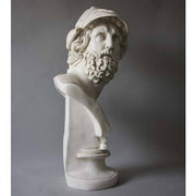Greek classical bust of a bearded warrior in an ornate helmet with mythological relief, inspired by Renaissance and old world European art. Different Angle