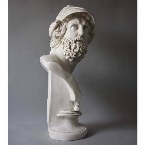 Greek classical bust of a bearded warrior in an ornate helmet with mythological relief, inspired by Renaissance and old world European art. Different Angle