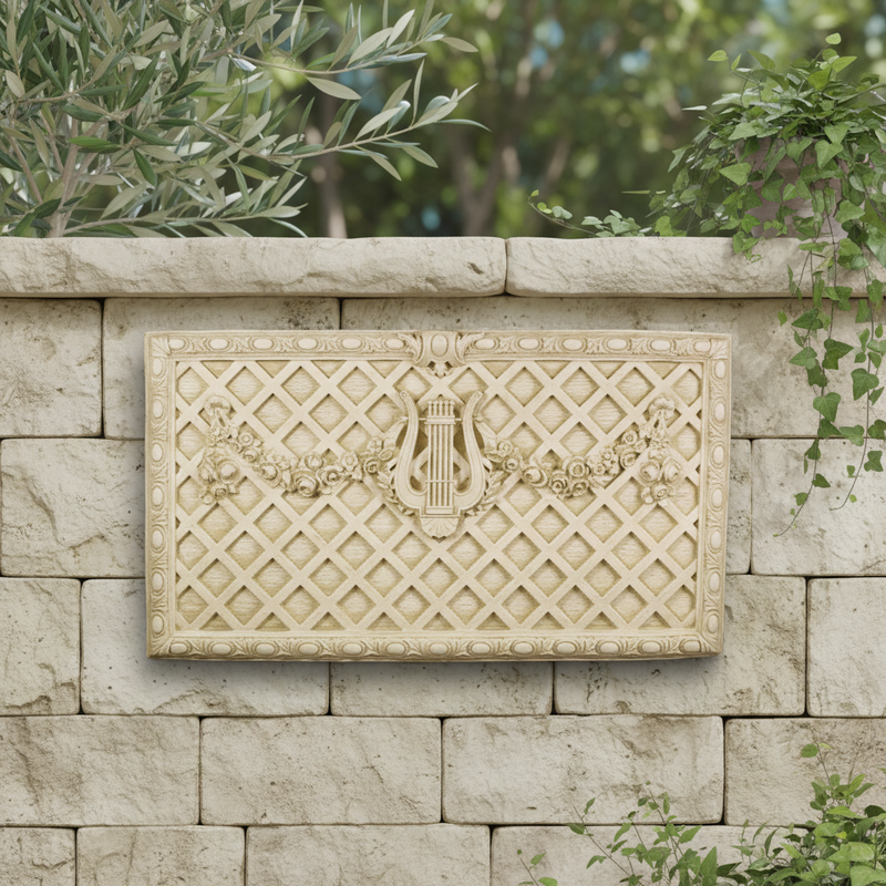Ornate old world European wall panel with lattice pattern, central lyre motif, floral garlands, and classical decorative details Side Angle