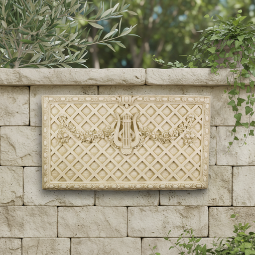 Ornate old world European wall panel with lattice pattern, central lyre motif, floral garlands, and classical decorative details Side Angle