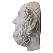 Classical Greek-style sculpted bearded male head with detailed curly hair and solemn expression, evoking ancient European artistry. Side Angle