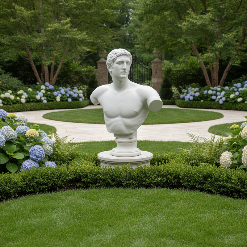 Classical Greek male bust with detailed facial features and torso, inspired by Renaissance and old world European sculpture styles. Side Angle