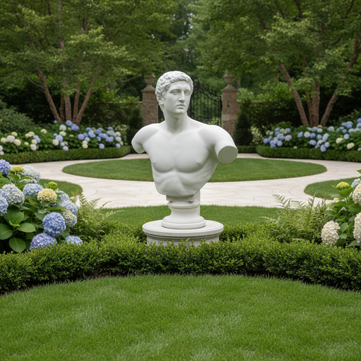 Classical Greek male bust with detailed facial features and torso, inspired by Renaissance and old world European sculpture styles. Side Angle