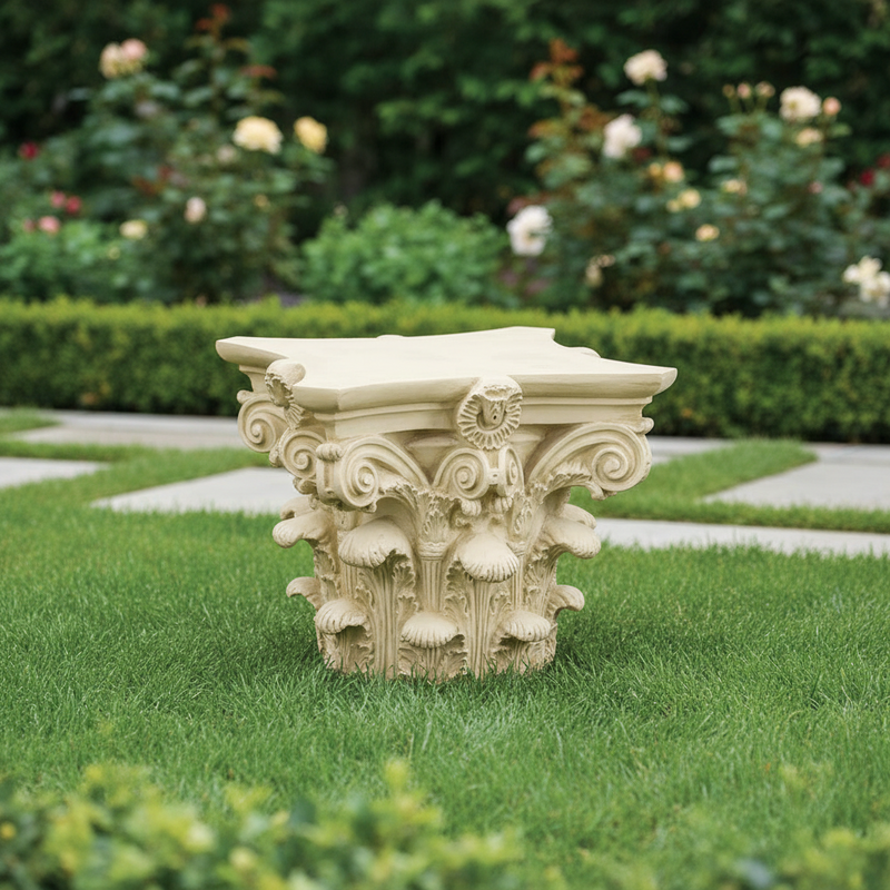 Corinthian column capital with ornate acanthus leaves and scrollwork in classical old world European architectural style. Side Angle