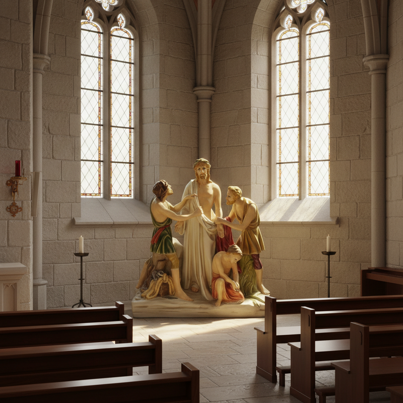 Jesus and three figures in classical robes, depicted in an ornate, old world European style with Renaissance and Baroque influences. Side View