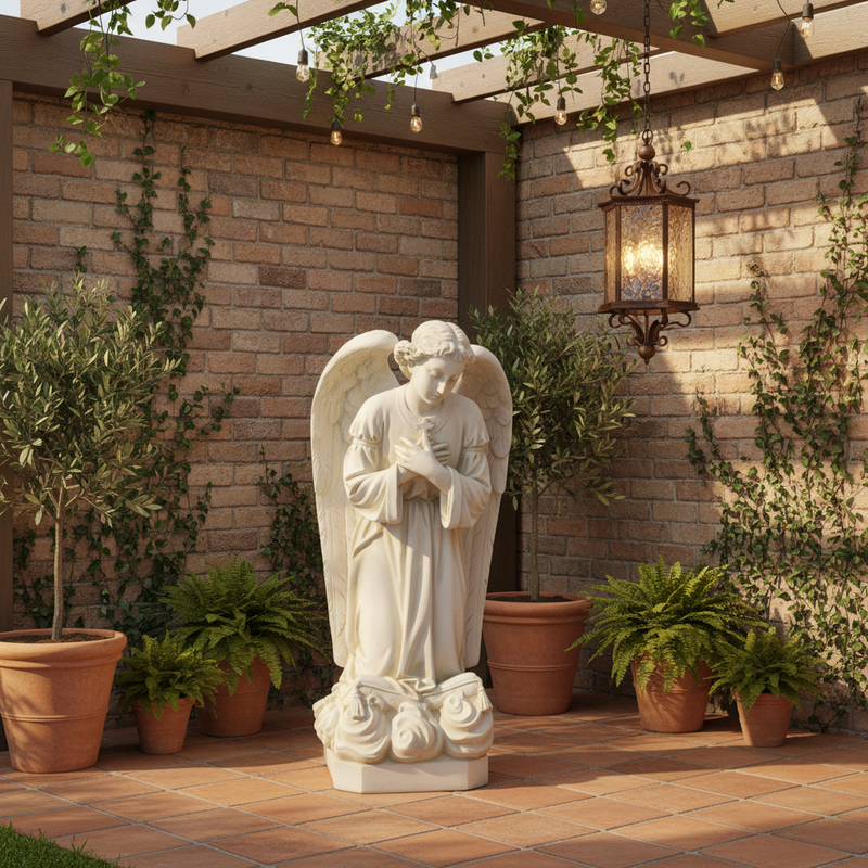 Kneeling Sorrowful Angel Outdoor Statue (27 - Inch) Side Angle