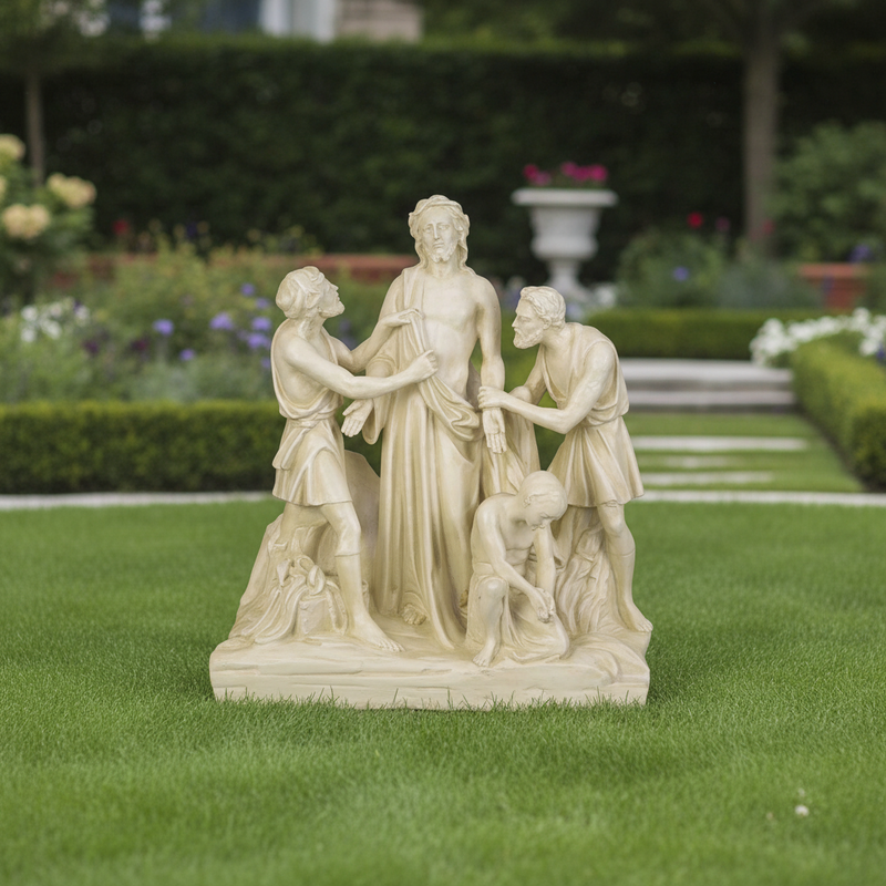 Classical Renaissance-style sculpture depicting three men and a central figure in an ornate, old world European composition. Side View