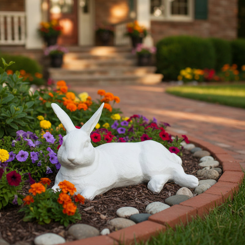 Reclining rabbit sculpture with classical old world European style and subtle ornate detailing in a lifelike pose. Side Angle