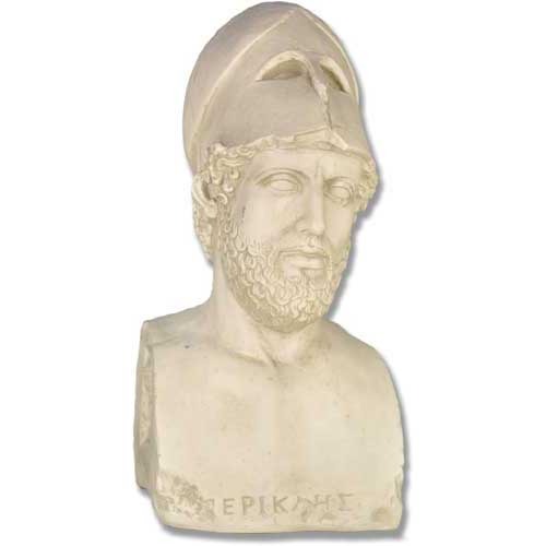 Greek classical bust of a bearded man wearing a crested helmet, featuring detailed facial features and ancient inscription.
