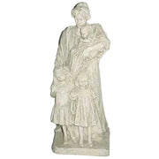 Mother holding infant with two children at her side, classical old world European statue with ornate, Renaissance-inspired detailing.