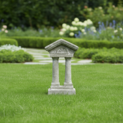 Classical Greek-style architectural miniature with two fluted columns, ornate pediment, and detailed base in old world European design. Side Angle