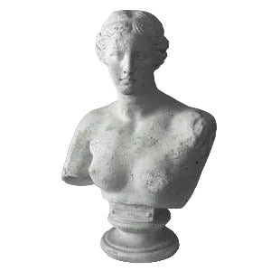 Classical Greek-style female bust with ornate detailing and Renaissance-inspired sculptural features on a pedestal base.