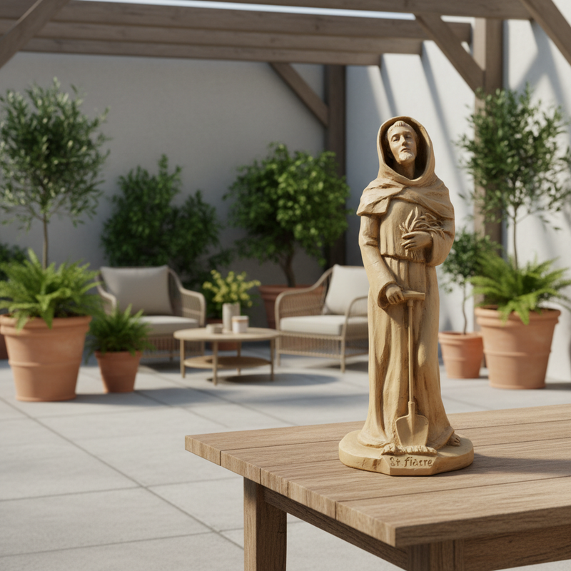 Hooded St. Fiacre statue in classical old world European style, holding a spade and bouquet, with ornate medieval detailing. Side Angle