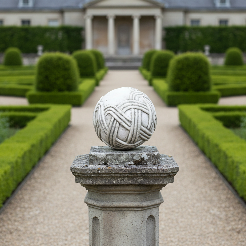 Ornate old world European sphere with intricate interwoven Baroque-style patterns and classical geometric detailing. Side Angle