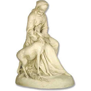 Seated medieval woman with head covering gently feeding a deer, featuring ornate old world European sculptural details.