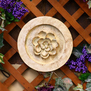Ornate round medallion with raised floral motif, featuring classical old world European and Renaissance-inspired detailing. Different Angle