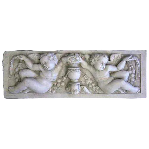 Baroque architectural relief panel featuring two cherubs with garlands and a central ornate urn in classical old world European style.