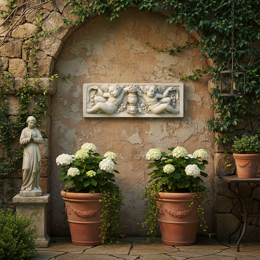 Baroque architectural relief panel featuring two cherubs with garlands and a central ornate urn in classical old world European style. Side Angle