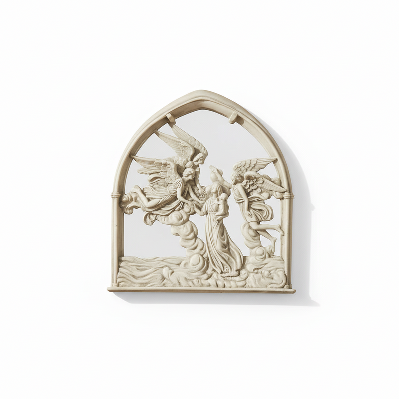 Gothic-style ornate wall plaque featuring angels and a robed figure in high relief within a pointed arch frame.