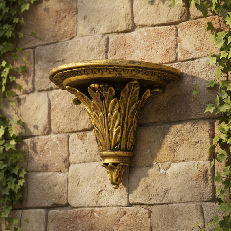 Ornate wall shelf with classical acanthus leaf motifs, old world European style, featuring Baroque and Renaissance detailing. Side Angle