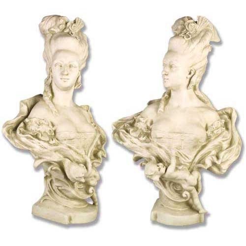 Baroque-style female bust with elaborate hairstyle and ornate, classical detailing, featuring flowing drapery and intricate sculptural accents.