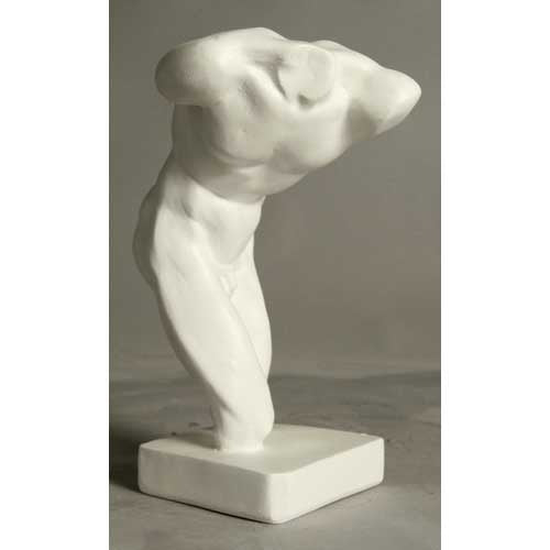 Classical Greek-style torso sculpture with detailed musculature and dynamic, twisting pose on a square base.