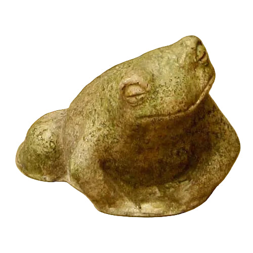 Frog sculpture with a serene expression, featuring old world European and classical garden ornament style, subtle ornate detailing