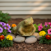Frog sculpture with a serene expression, featuring old world European and classical garden ornament style, subtle ornate detailing Side Angle