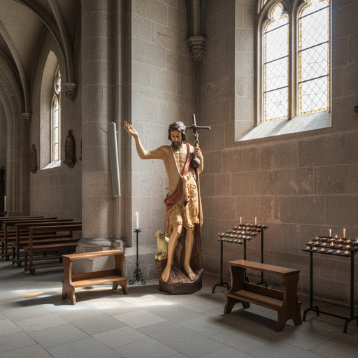 Saint John the Baptist statue in classical Renaissance style, holding a cross staff, with a lamb at his feet and ornate detailing. Side Angle