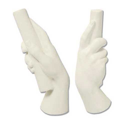 Pair of sculpted hands in classical Renaissance style, each holding a scroll, with detailed, lifelike, and ornate features.