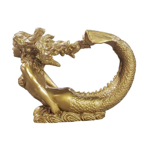 Mermaid sculpture with flowing hair and ornate tail, featuring classical and old world European design elements. Different Angle
