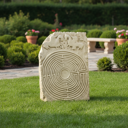 Stone tablet featuring an ornate medieval labyrinth design with classical relief carvings and Latin inscription, old world European style. Side Angle