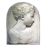 Classical Renaissance-style bas-relief of a young child in profile with ornate, curly hair and arched background panel.