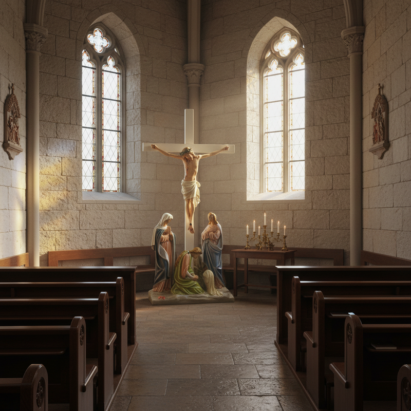 Crucifixion scene with Jesus on the cross, surrounded by mourners in ornate, classical old world European style. Side Angle