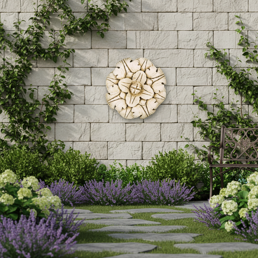 Ornate old world European rosette with classical leaf motifs and intricate carved Renaissance detailing in a symmetrical floral design. Side Angle