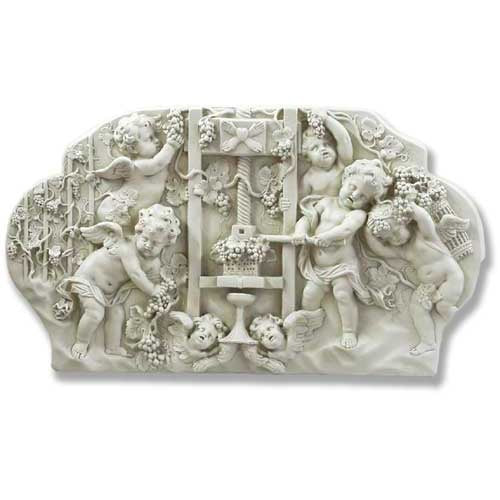 Baroque wall plaque featuring ornate cherubs, grapevines, and classical motifs in an old world European relief style.