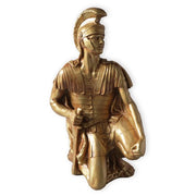 Kneeling Greek warrior statue in classical armor and ornate helmet, inspired by old world European and Renaissance styles. Side View