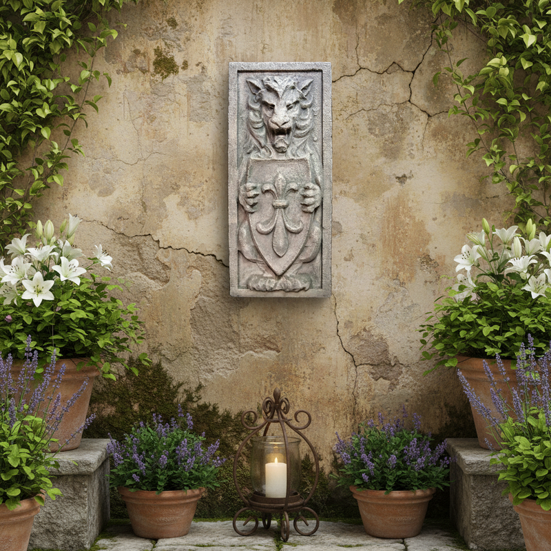 Lion relief sculpture in old world European style, holding a fleur-de-lis shield with ornate medieval and Gothic detailing. Side Angle