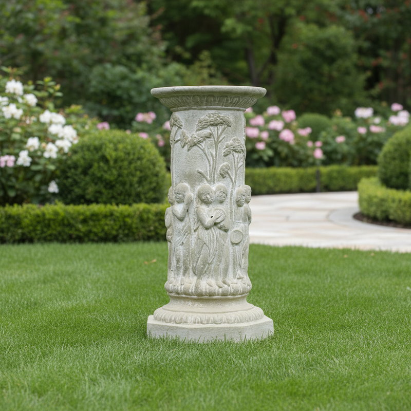 Ornate classical pedestal with carved Renaissance figures and botanical motifs in old world European style. Side Angle