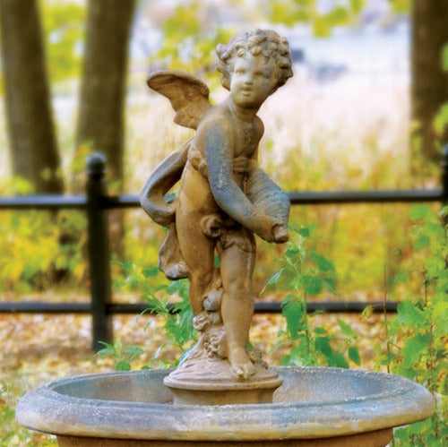 Standing Cherub Holding A Shell On A Round Base. Outdoor Statue (24 - Inch) Side View