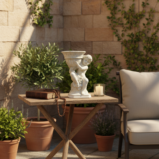 Winged Cherub Holding Bowl Outdoor Statue (13 - Inch) Side Angle