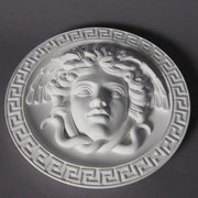 Medusa head relief with flowing serpentine hair, surrounded by a Greek key border in classical old world European style. Other Angle