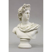 Classical Greek-style bust with ornate drapery and detailed hair, featuring a serene, idealized facial expression. Side View