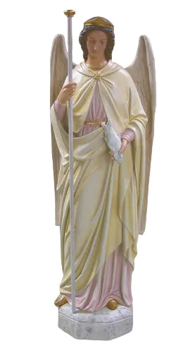 Standing Calm angel statue in pale robes holding a tall staff and a scroll.