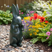 Standing rabbit sculpture with upright ears, detailed paws, and an old world European, slightly weathered, classical style. Side Angle