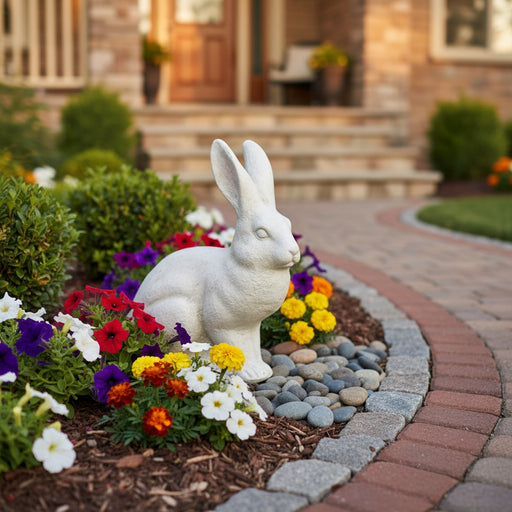 Sitting rabbit statue with elongated ears, featuring classical old world European sculptural details and subtle ornate accents. Side Angle