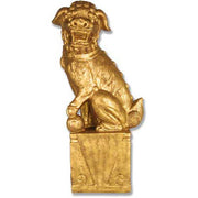 Baroque-style ornate guardian lion statue with intricate detailing, seated on a classical pedestal with scrollwork accents.