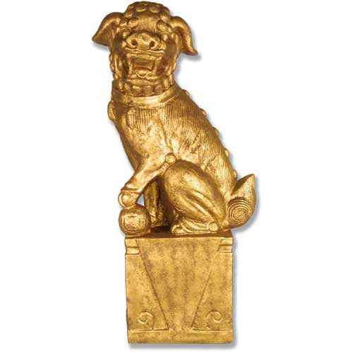 Baroque-style ornate guardian lion statue with intricate detailing, seated on a classical pedestal with scrollwork accents.