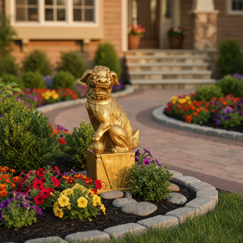 Baroque-style ornate guardian lion statue with intricate detailing, seated on a classical pedestal with scrollwork accents. Side Angle